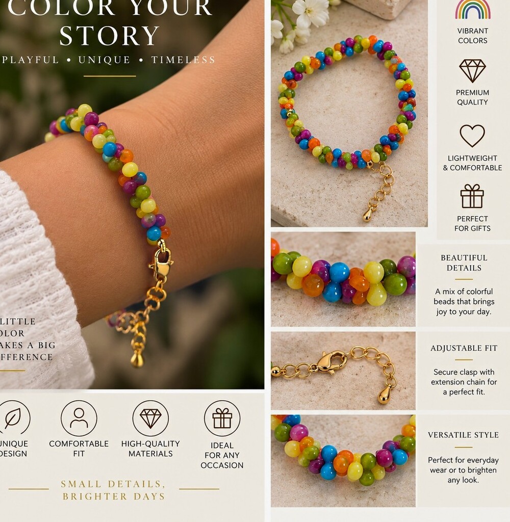 Adjustable Beaded Charm Bracelet Multicolor Round Beads Cable Chain Lobster